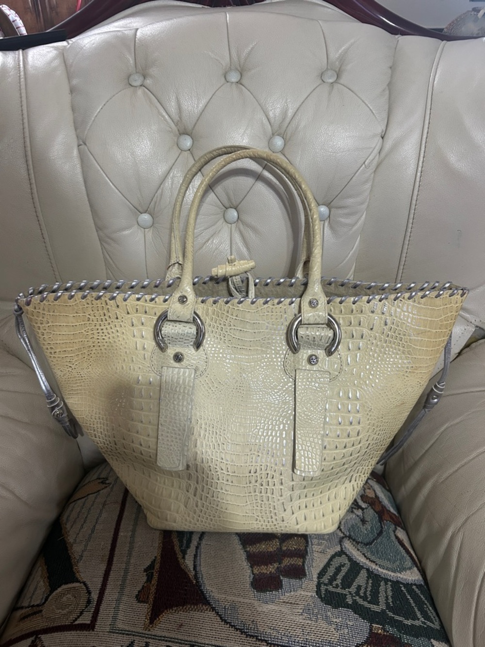 Francesco Biasia Cream Croc-Embossed Tote with Silver Accents